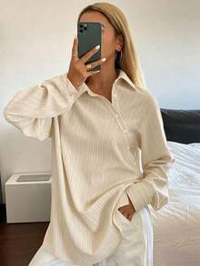 Camisa holgada de mujer con rayas y cuello de solapa - Negro - Ver 9