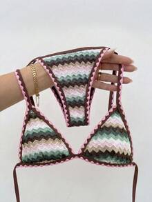 Bikinx Women's Halter Neck Textured Fabric Bikini Set, Floral Bud Back Tie Design, Suitable For Beach Vacation Summer - Multicolor - View 2