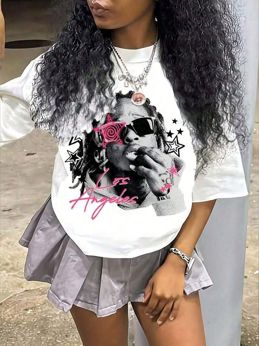 1 pieza de ropa de algodón para niñas, camiseta con estampado de letras inspirada en Y2K - Cuello redondo casual, manga corta, lavable a máquina - Perfecta para primavera/verano/otoño, moda, ropa urbana, unisex, para hombres y mujeres. - Blanco - Ver 1