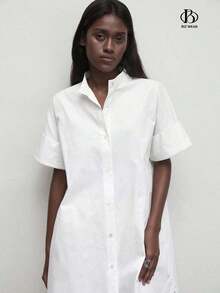 Loose-Fitting Cotton Dress With A Mandarin Collar, Front Buttons, And A Solid Color For Women. Basic Minimalist Style For Everyday Wear, Work, Business Casual, And Office. - Black - View 4