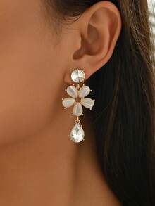 1 Pair Women's Fashionable Floral Crystal Embellished Long Earrings, Suitable For Summer Vacation Wear - Multicolor - View 7