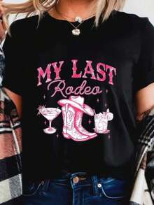 Women's Short-Sleeved T-Shirt, 100% High-Quality Cotton, "My Last Rodeo" Design – Pink Cowboy Boots, Hat, And Cocktails, Perfect For Bachelorette Parties And Weddings. This Casual Crew Neck T-Shirt Is Designed Specifically For Women And Is Machine Washable, Making It Ideal For Everyday Casual Wear And Holidays. Bestseller - 黑色 - 查看 1