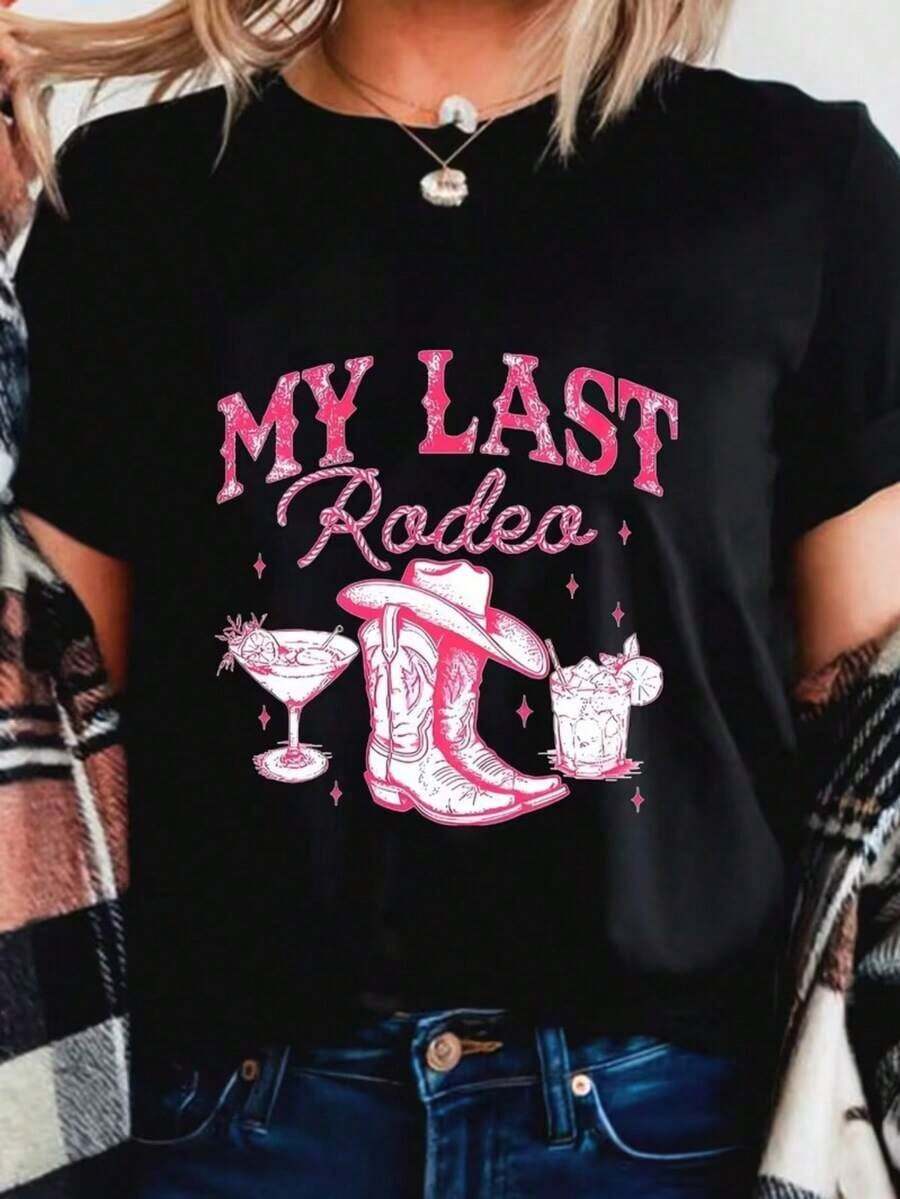 Women's Short-Sleeved T-Shirt, 100% High-Quality Cotton, "My Last Rodeo" Design – Pink Cowboy Boots, Hat, And Cocktails, Perfect For Bachelorette Parties And Weddings. This Casual Crew Neck T-Shirt Is Designed Specifically For Women And Is Machine Washable, Making It Ideal For Everyday Casual Wear And Holidays. Bestseller - 黑色 - 查看 1