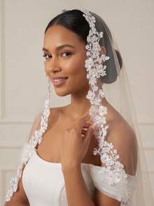 1pc Fingertip Length Pearl Bridal Wedding Veil, White/Ivory Lace Trim Decorated With Comb - Multicolor - View 2