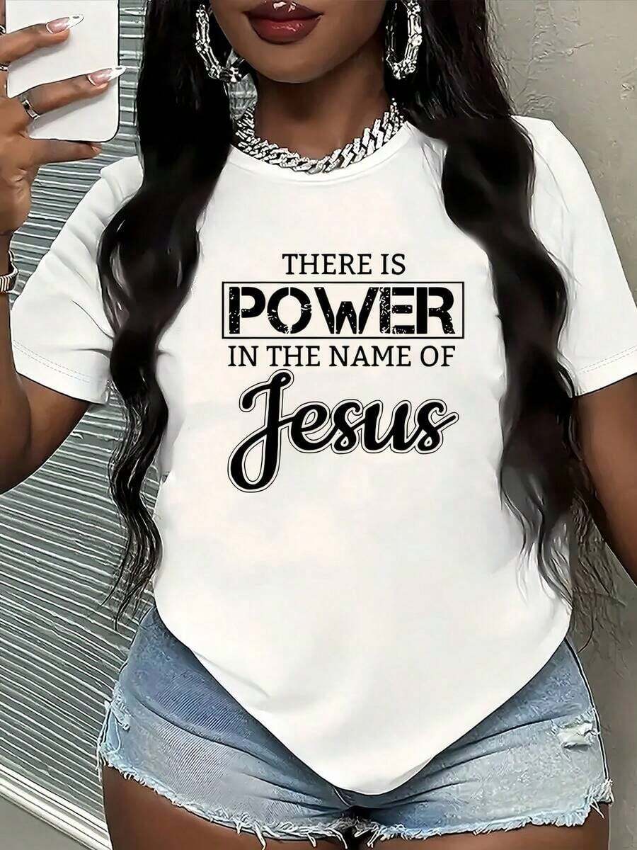 Gift: 1 White Women's T-Shirt With 'Faith Power' Text Print, Round Neck, Casual Cotton T-Shirt, Medium Stretch Knit Fabric, Regular Fit For Ladies, For Spring/Summer/Autumn, Soft. - 白色 - 查看 1