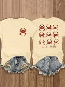 Women's "Don't Be Crabby" Short-Sleeved Crew Neck T-Shirt, Featuring A "I Might Be Laid Back But I Can Lean Forward" Print Design. Comfortable And Breathable, Stylish And Elegant, Machine Washable, Suitable For Everyday Casual Wear. - 杏色 - 查看 1