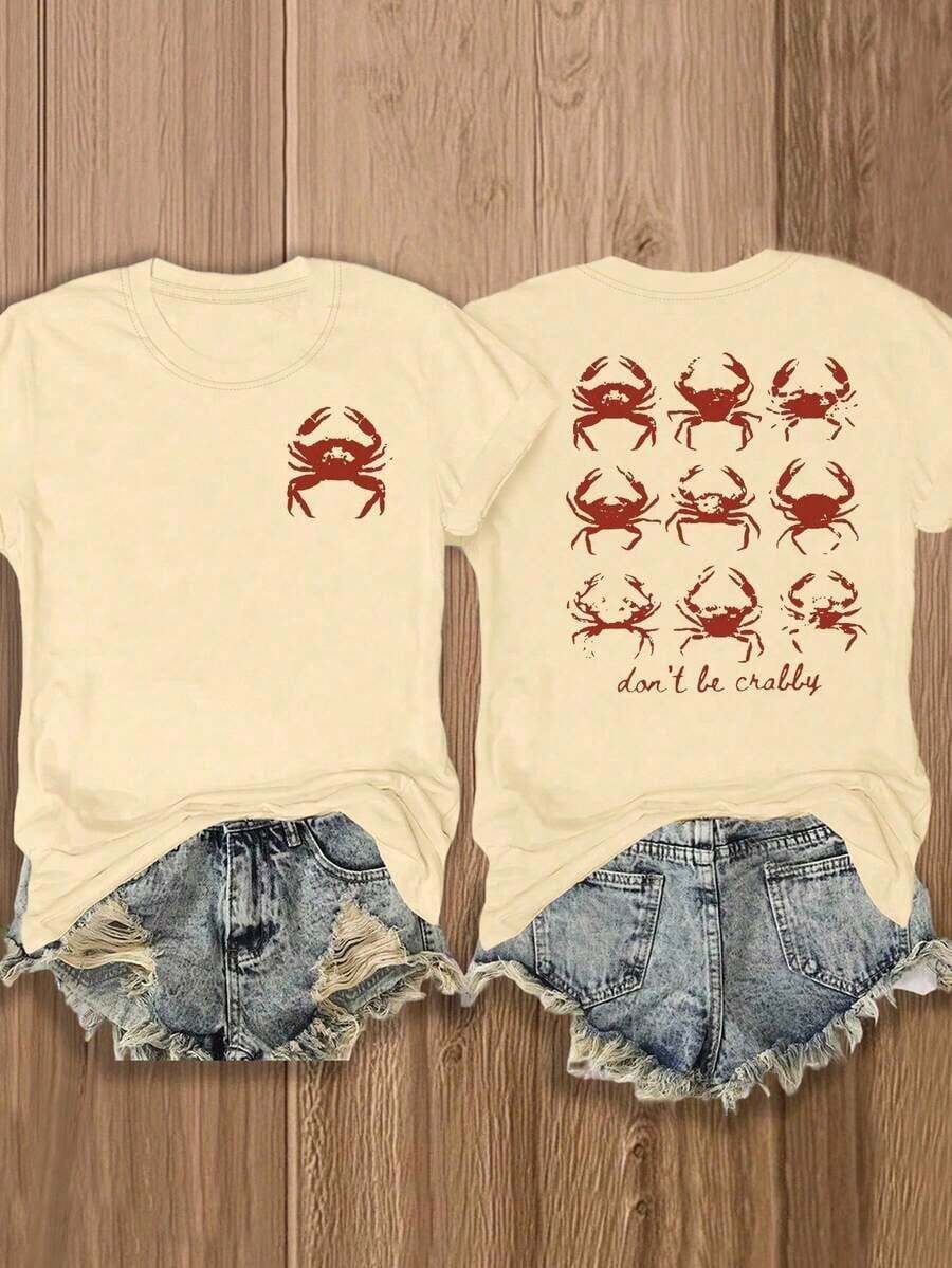 Women's "Don't Be Crabby" Short-Sleeved Crew Neck T-Shirt, Featuring A "I Might Be Laid Back But I Can Lean Forward" Print Design. Comfortable And Breathable, Stylish And Elegant, Machine Washable, Suitable For Everyday Casual Wear. - 杏色 - 查看 1