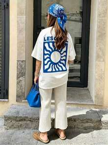 Sunflower Print Holiday T-Shirt, Short Sleeve Graphic Tee, Crew Neck, Loose Casual Fit For Women, Back To School Season, 100% Cotton - 白色 3 - 查看 5