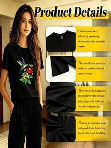 Soft Summer T-Shirt For Women With A Fun Rabbit Print, Perfect For Relaxing Outdoors. New Women's Summer T-Shirt, Casual And Comfortable, With A Round Neck. - 黑色 - 查看 3