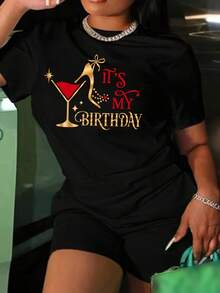 Camiseta Deportiva Casual para  con Texto Mi Cumpleaños en Dorado - Camiseta Elástica de Cuello Redondo, Lavable aáquina, Ajuste Cómodo y Perfecta para Todas las Estaciones, para Celebraciones y Ocasiones Especiales. - Negro - Ver 1