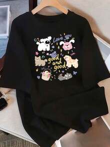Camiseta con Estampado de Animales para Mujer 2026 - Suave, de Corte Holgado, Estilo Casual para Uso Diario, Adecuada para Adolescentes y Adultos, Camiseta Casual para Todas las Temporadas, Lavable a Máquina - Negro - Ver 1