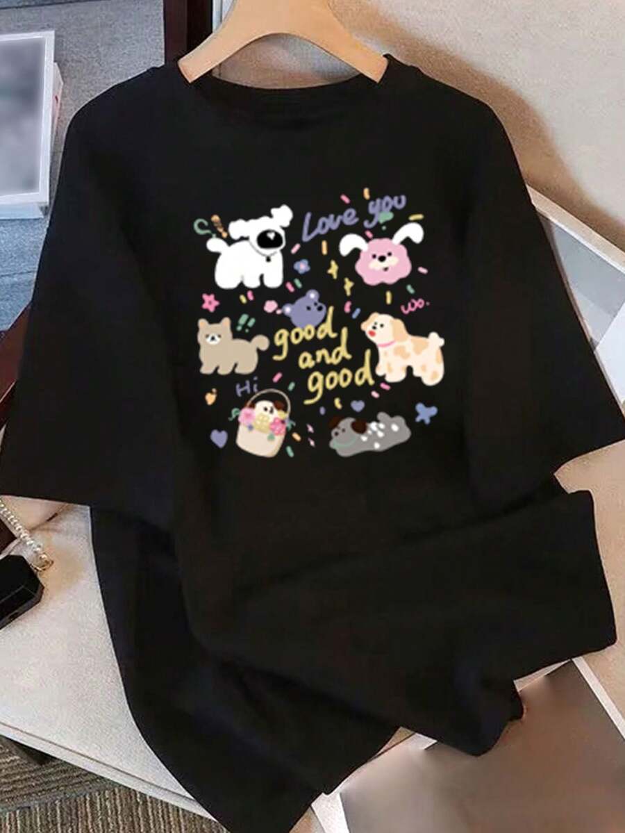 Camiseta con Estampado de Animales para Mujer 2026 - Suave, de Corte Holgado, Estilo Casual para Uso Diario, Adecuada para Adolescentes y Adultos, Camiseta Casual para Todas las Temporadas, Lavable a Máquina - Negro - Ver 1