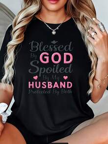 Soft, Breathable, And Lightweight For All-Day Comfort. Plus Size Comfort - A Woman's Interesting Marriage T-Shirt - God's Blessings Were Ruined By My Husband; Both Were Protected. Pattern T-Shirt - Soft, Non-See-Through Fabric - Black T-Shirt With Pink And Gray Lettering - Casual Everyday Top With A Comfortable Fit - Anniversary, Valentine's Day, Birthday Gift For Couples - Fun Wife Set, Anniversary Gift, Funny Text Design, Comfortable Fit, Classic. Crew Neck With A Relaxed Fit That Flatters All Body Shapes And Is Easy To Pair With Jeans, Shorts, And Leggings. - 黑色 - 查看 6