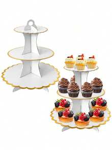 2pcs/1pc 3-Tier Paper Cupcake Stand, Round Paper Cake Display Rack, Dessert Tower And Food Display Stand, Cake Stand, Gold Serrated Edge, Suitable For Birthday Party, Wedding Decor, Back To School, Afternoon Tea, Wedding, Party - Multicolor - View 2