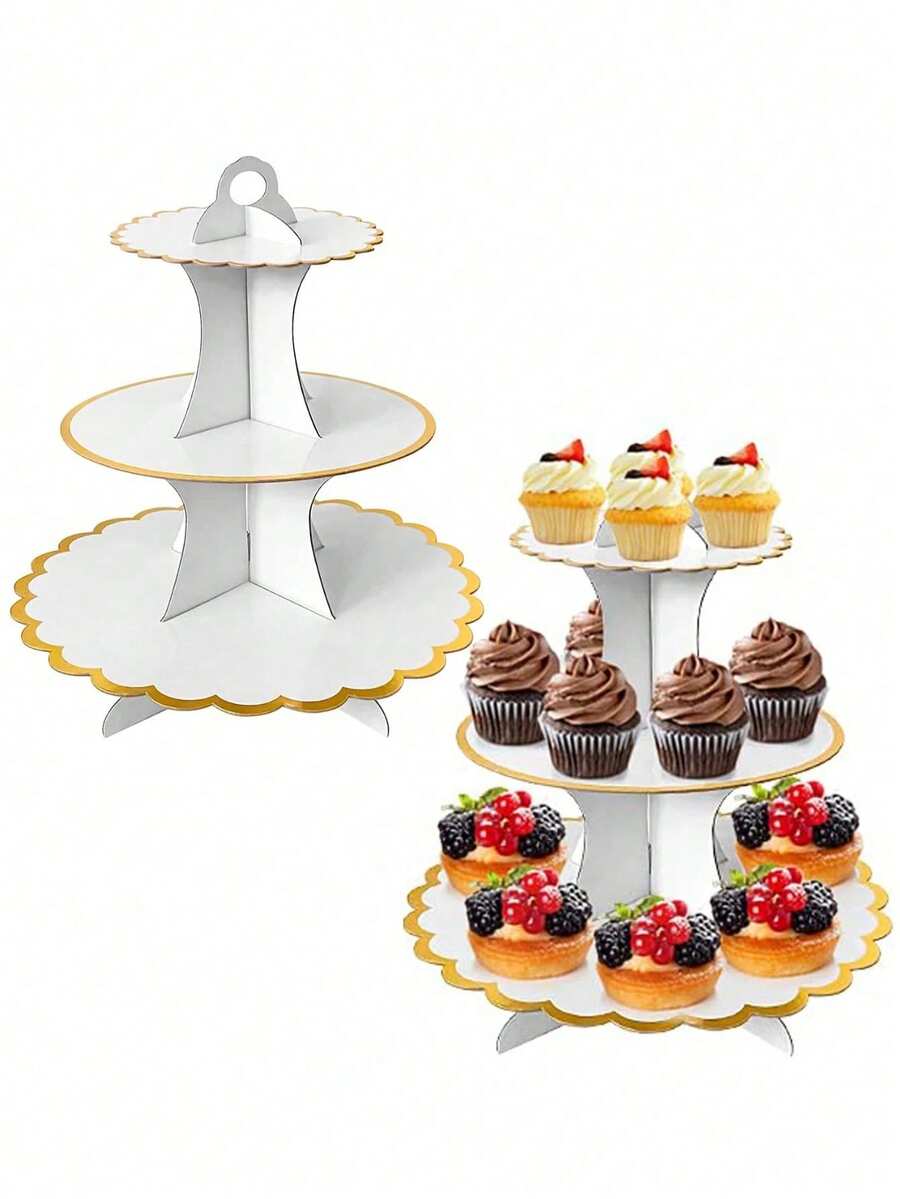 2pcs/1pc 3-Tier Paper Cupcake Stand, Round Paper Cake Display Rack, Dessert Tower And Food Display Stand, Cake Stand, Gold Serrated Edge, Suitable For Birthday Party, Wedding Decor, Back To School, Afternoon Tea, Wedding, Party
