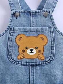 男嬰休閒時尚熊刺繡圖案印花拼接吊帶連身長褲，春夏季風格 - 藍色 - 查看 5
