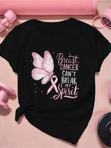 Talla Grande - Talla Grande - Una camiseta elegante y holgada con diseño de mariposa, especialmente diseñada para mujeres que luchan contra el cáncer de mama. Hecho de tela suave con bonitos diseños, es perfecto para el uso diario en primavera y verano. - Negro - Ver 1