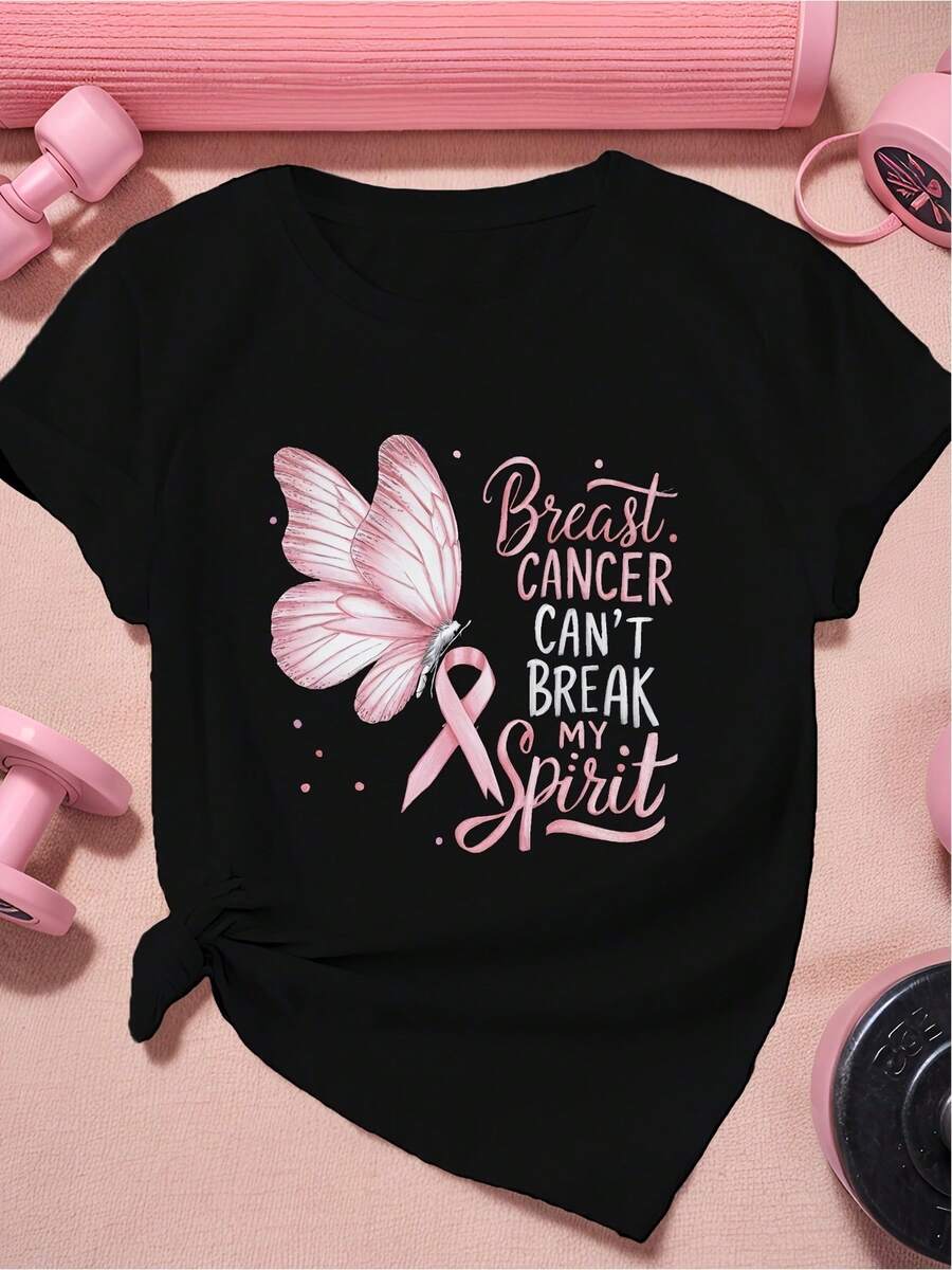 Talla Grande - Talla Grande - Una camiseta elegante y holgada con diseño de mariposa, especialmente diseñada para mujeres que luchan contra el cáncer de mama. Hecho de tela suave con bonitos diseños, es perfecto para el uso diario en primavera y verano. - Negro - Ver 1