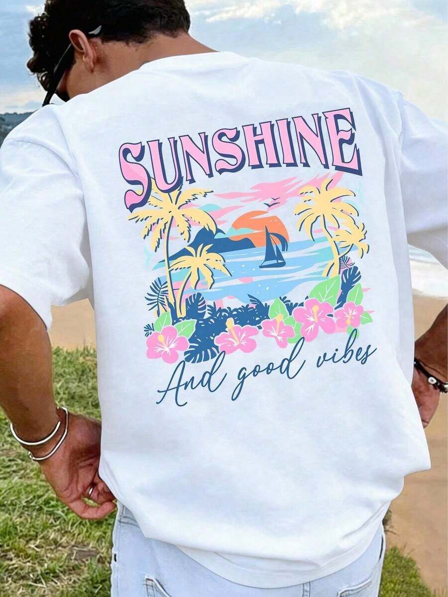 Men's Casual Summer T-Shirt, Vacation Style, Suitable For The Beach And Leisure Time. Loose Fit, Perfect For Everyday Wear, Comfortable And Versatile. Urban Fashion. - 白色 - 查看 1