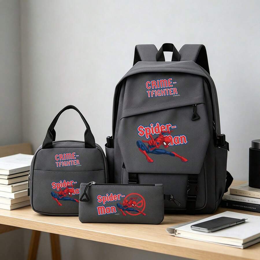 Miniso Bộ 3 món Marvel Spider-Man Crime-Fighter màu xám gồm ba lô, túi đựng laptop, túi giữ nhiệt và hộp đựng bút, thích hợp cho văn phòng, học tập và du lịch. - Xám - Xem 1