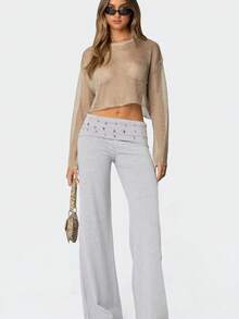 Womenacute;s Wide Leg Pants High Waist Folded Studded Waistline Black Loose Casual Pants - Gris - Ver 3
