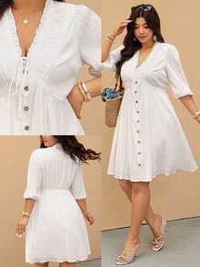 Elaquor Vestido casual de vacaciones de talla grande con cuello en V y nudo en unicolor - Blanco - Ver 1