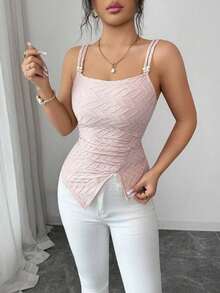 Top de camisola con decoración de cuentas, textura de tela, cintura fruncida y bajo asimétrico, estilo de vacaciones - Rosa - Ver 5
