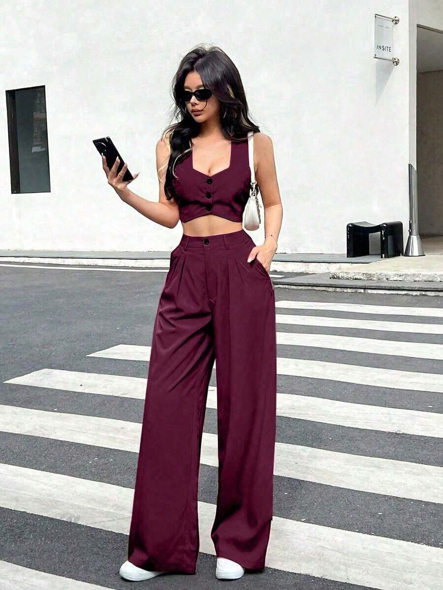 Set de 2 piezas para mujer, top corto de un solo pecho liso y pantalones - Rojo violeta - Ver 1