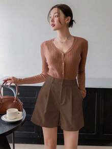 Pantalones cortos de mujer de cintura alta con bolsillos y plisados, de unicolor, para el verano - Café integral - Ver 4