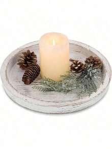 1pc Vintage Wooden Round Decorative Tray, Farmhouse Distressed Candle Holder Base, Home Living Room Incense Candle Plate - 白色 - 查看 6