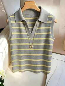 Chaleco de punto casual y elegante con cuello y rayas para mujer - Multicolor - Ver 3