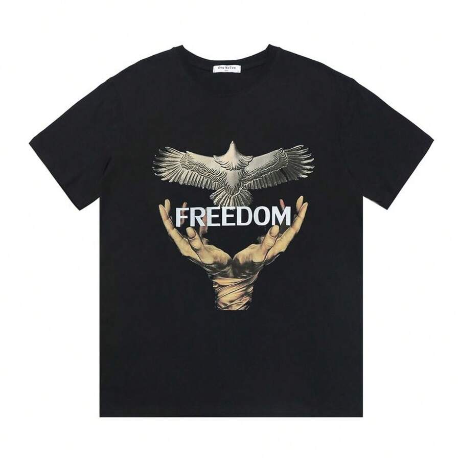 [100% Pure Cotton] Rose In Bloom In The Forest, Chinese Fashion Brand, Vintage Short-Sleeved Loose-Fitting Printed T-Shirt. - 黑色 - 查看 1