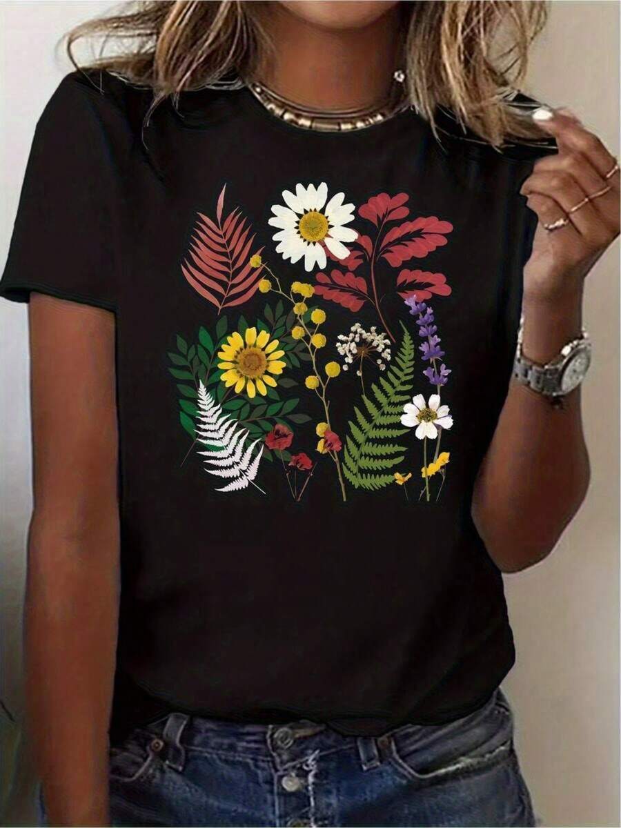 Y2K Style Wildflower T-Shirt, Vibrant Design Perfect For Spring, Ideal For Highlighting Your Unique Style And Freshness, Available In One Size, Only A Limited Piece, Ideal For Your Everyday Outfits G839 - 黑色 - 查看 1
