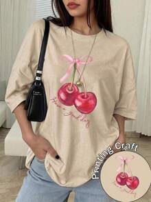 Women's Casual Black Short Sleeve T-Shirt, Polyester, Cherry Print, Round Neck, Regular Fit, For Everyday Wear XF2C - 杏色 - 查看 10
