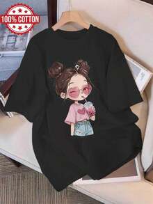 Graphic Print T-Shirt, Short Sleeve And Round Neck, Casual Top For Summer And Spring, Women's Clothing - Black - View 1