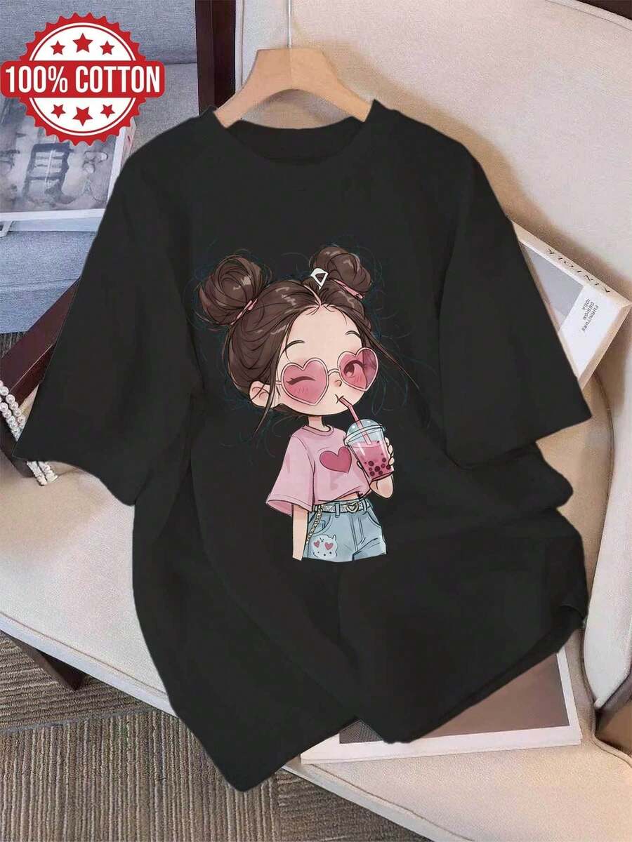 Graphic Print T-Shirt, Short Sleeve And Round Neck, Casual Top For Summer And Spring, Women's Clothing - Black - View 1