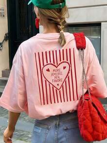 1 Women's Summer T-Shirt, Loose Fit, Round Neck, Short Sleeve, With "MORE AMORE PER FAVORE" Striped Heart Print, Suitable For Vacation, Office, Outings, Daily Wear, Dates, Parties, Meetings, Street Wear And Other Casual Occasions, White. - 糖果粉紅色 - 查看 2