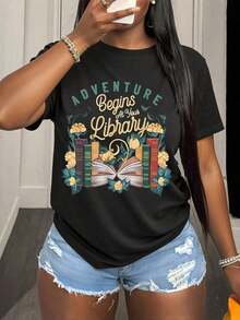 The Adventure Begins In Your Library - Graphic T-Shirt For Book Lovers, Ideal For Reading Enthusiasts And Literature Fans, Perfect For Bookstore Visits, Library Days And Literary Events - Urban Vintage Style, Unisex, 100% Pure Cotton, Short Sleeve And Round Neck. - 黑色 - 查看 3