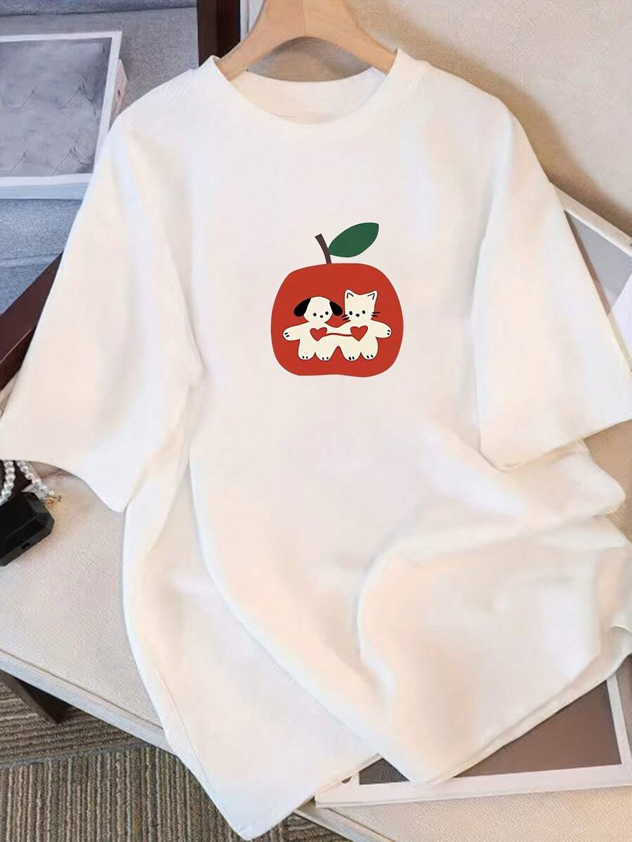 Women's T-Shirt, 100% Cotton, Vintage Cotton T-Shirts For Women, Short Sleeve, Unique Printed Design, New Summer Style 2026, Loose Fit, Medium Sleeve, Slimming Top For Students And Ladies. - 白色 - 查看 1