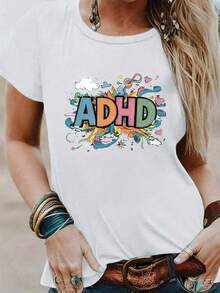 Women's Comfort T-Shirt With Colorful Text Illustration On ADHD Theme - Vintage Urban Style, Unisex, Cotton, Short Sleeve, Round Neck And Loose Fit. - 白色 - 查看 1