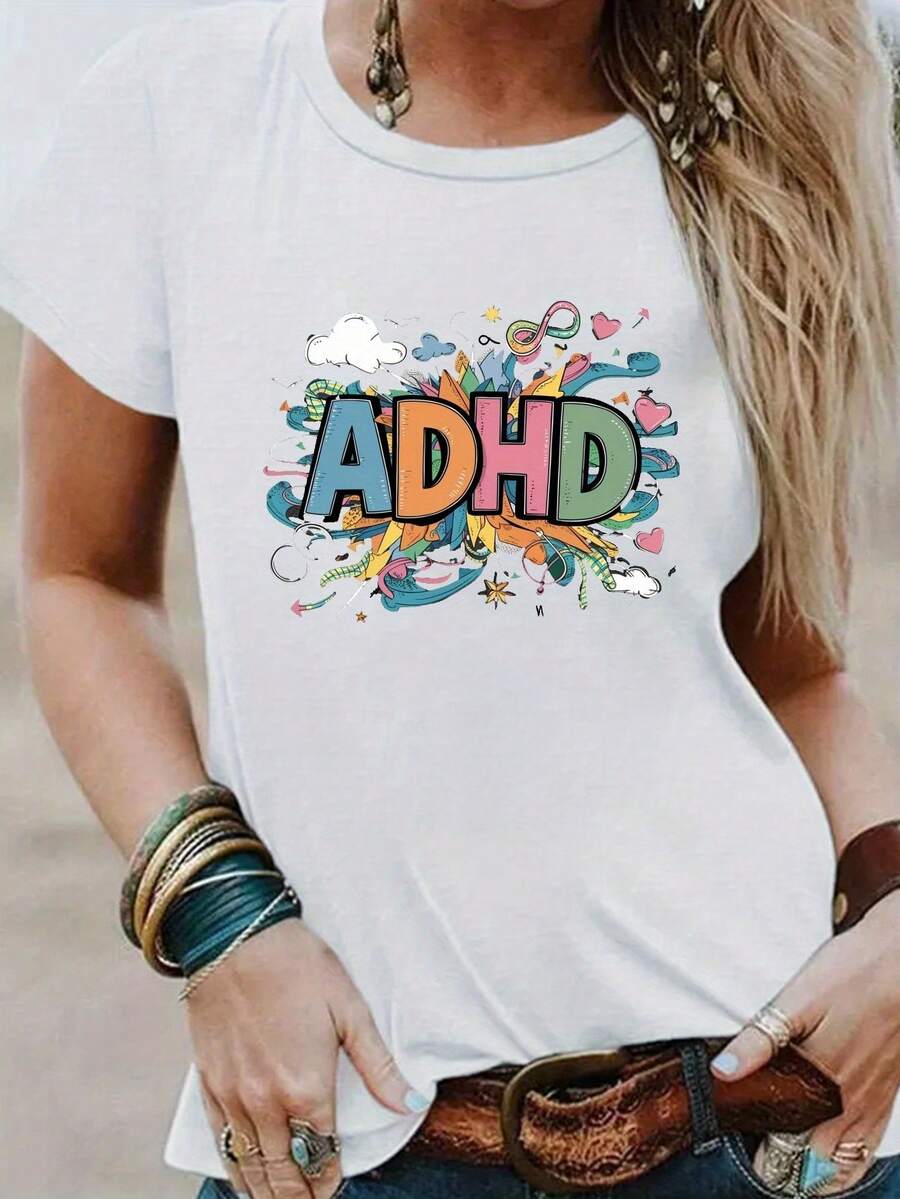 Women's Comfort T-Shirt With Colorful Text Illustration On ADHD Theme - Vintage Urban Style, Unisex, Cotton, Short Sleeve, Round Neck And Loose Fit. - 白色 - 查看 1