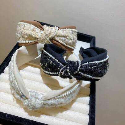 1pc New Korean Style Fabric Black & White Pearl Headband, French Elegant High-End Versatile Hair Hoop Hair Clip For Women