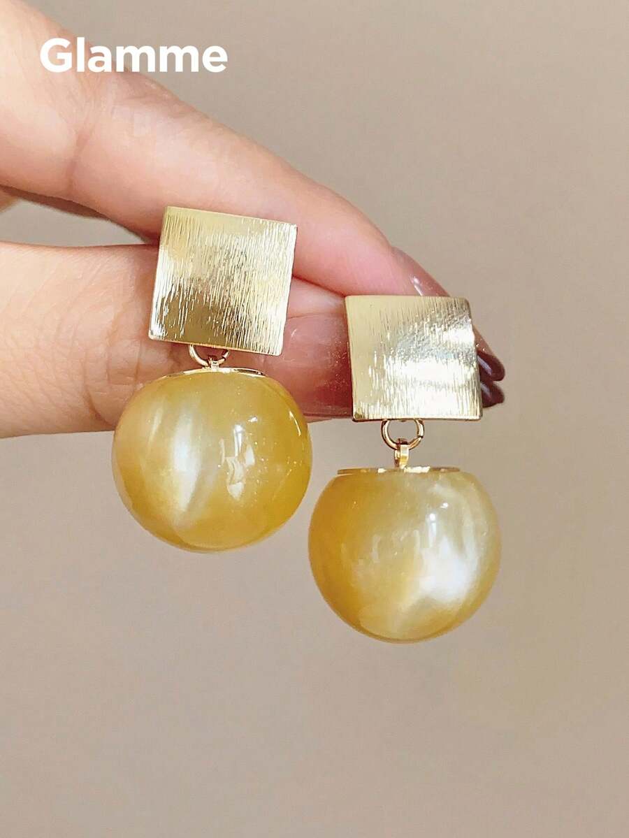 1 Pair Textured Gold Square Gradient Ball Drop Earrings, Vintage Elegant Style Earrings For Women, Versatile For Work, Date, Daily Wear