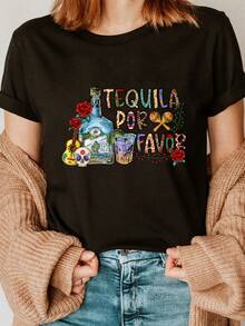 Playera de cuello redondo con estampado de Tequila, blusa casual de manga corta para verano y primavera, ropa de mujer - Negro - Ver 1