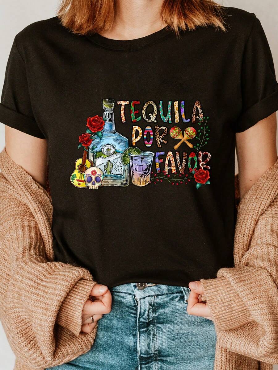 Playera de cuello redondo con estampado de Tequila, blusa casual de manga corta para verano y primavera, ropa de mujer - Negro - Ver 1