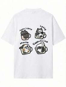¡Oferta por tiempo limitado, cantidades limitadas,  relámpago! Camisas para mujer, camisetas para mujer, camisetas casuales de manga corta para mujer, corte holgado estilo japonés, estilo urbano veraniego, estampado de gato, estampado de letras y tazas de té, color blanco. - Blanco - Ver 4