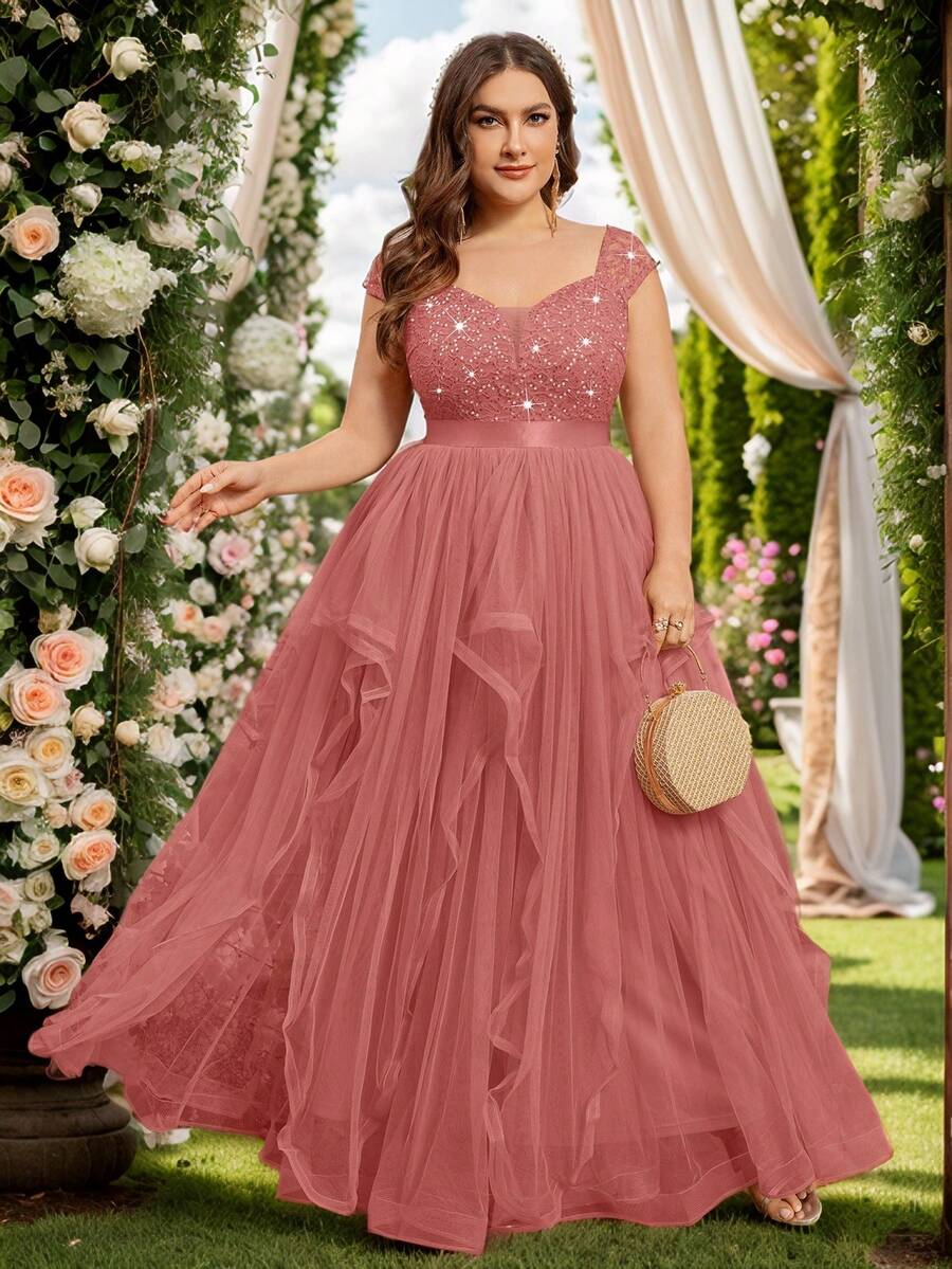 大尺碼深V領亮片蕾絲拼接網紗荷葉邊裙襬優雅晚宴長洋裝，婚禮賓客禮服，適用於返校舞會、畢業典禮