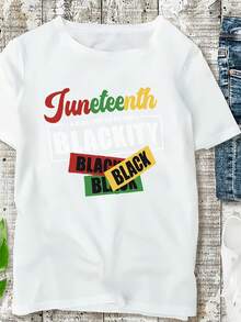 1 pieza de camiseta de mujer para la celebración de Juneteenth, 100% fibra de poliéster, cuello redondo, manga corta, patrón geométrico, corte casual regular, top de tela de punto para todas las estaciones, 180 gramos - estampado negro. - Blanco - Ver 6