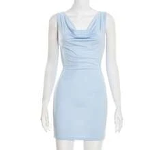 Sleeveless Dress, Off-The-Shoulder Neck, Open Back With Chain, Solid Color, Fitted, Casual Style, New Arrival - 藍色 - 查看 9