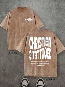 Camiseta Cristiana Unisex Lavada Christian & Tattooed, Camiseta con Escrituras Cristianas, Camiseta Vintage Retro Lavada con Estampado a Doble Cara (Camiseta de Algodón Puro de 230 g/m²), Camiseta Cristiana de Alta Calidad, Regalos Cristianos, Camisetas para Hombre y Mujer, Camiseta Cristiana Cómoda y a la Moda, Camiseta de Algodón Puro Estilo Urbano para Otoño - Café integral - Ver 7